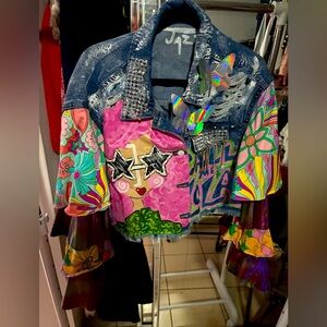 Vibrant Women's Jean Jacket by PR Designer Jazz with Artistic Flair. Fits 2x- 3x
